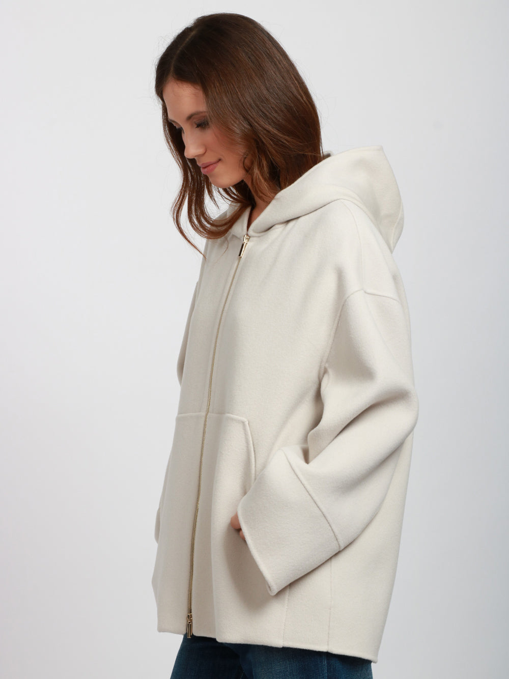 S MAXMARA Felpa Romina in Lana con Cappuccio e chiusur Zip Ghiaccio Ghiaccio
