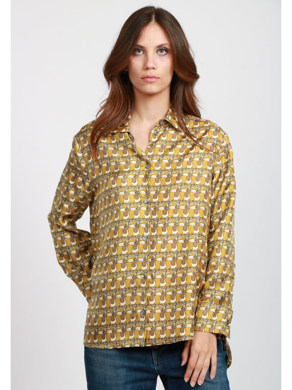 S MAXMARA Camicia Times in Seta stampa Tucani Reversibile Avorio e Senape Senape/avorio
