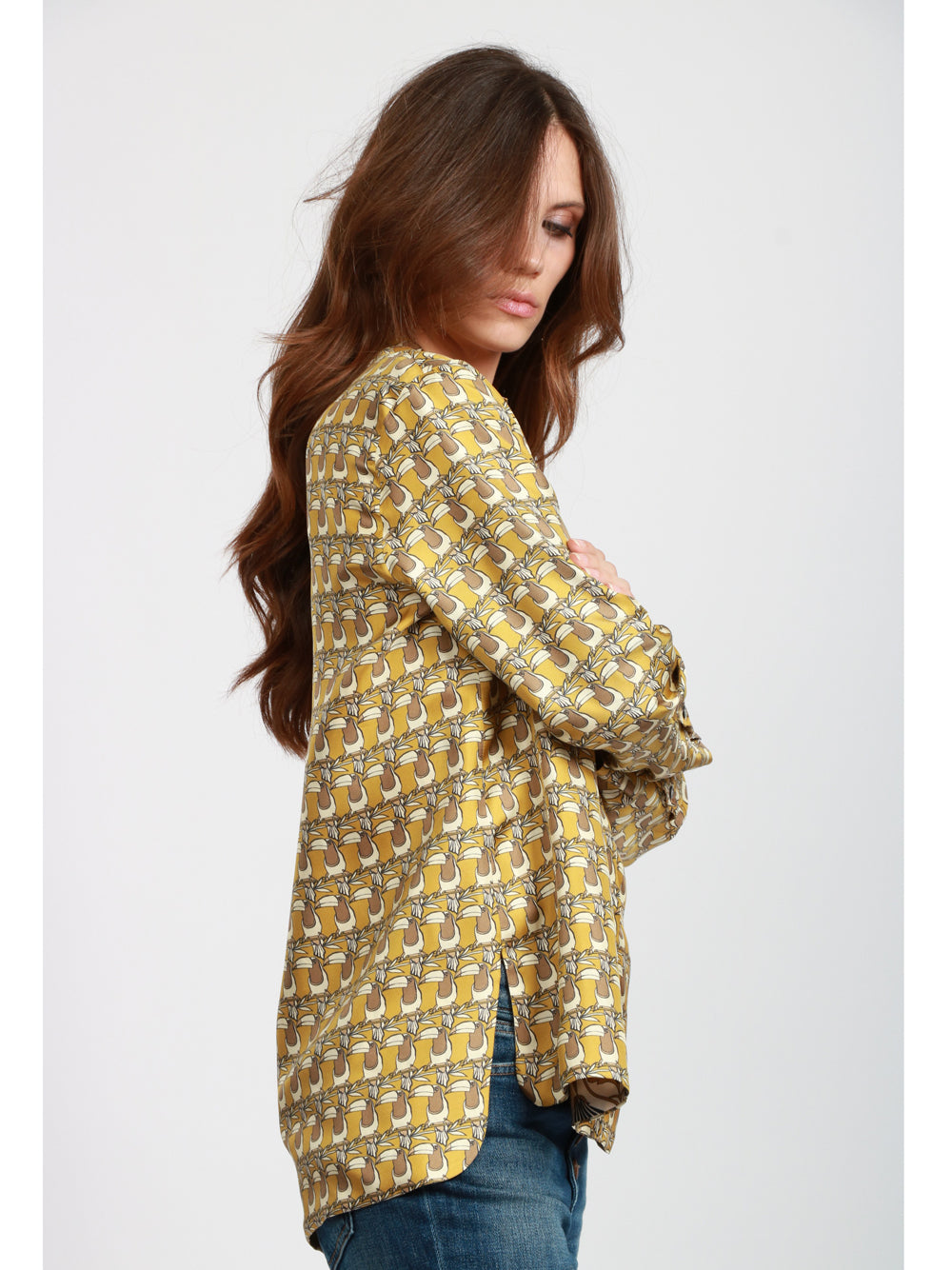 S MAXMARA Camicia Times in Seta stampa Tucani Reversibile Avorio e Senape Senape/avorio
