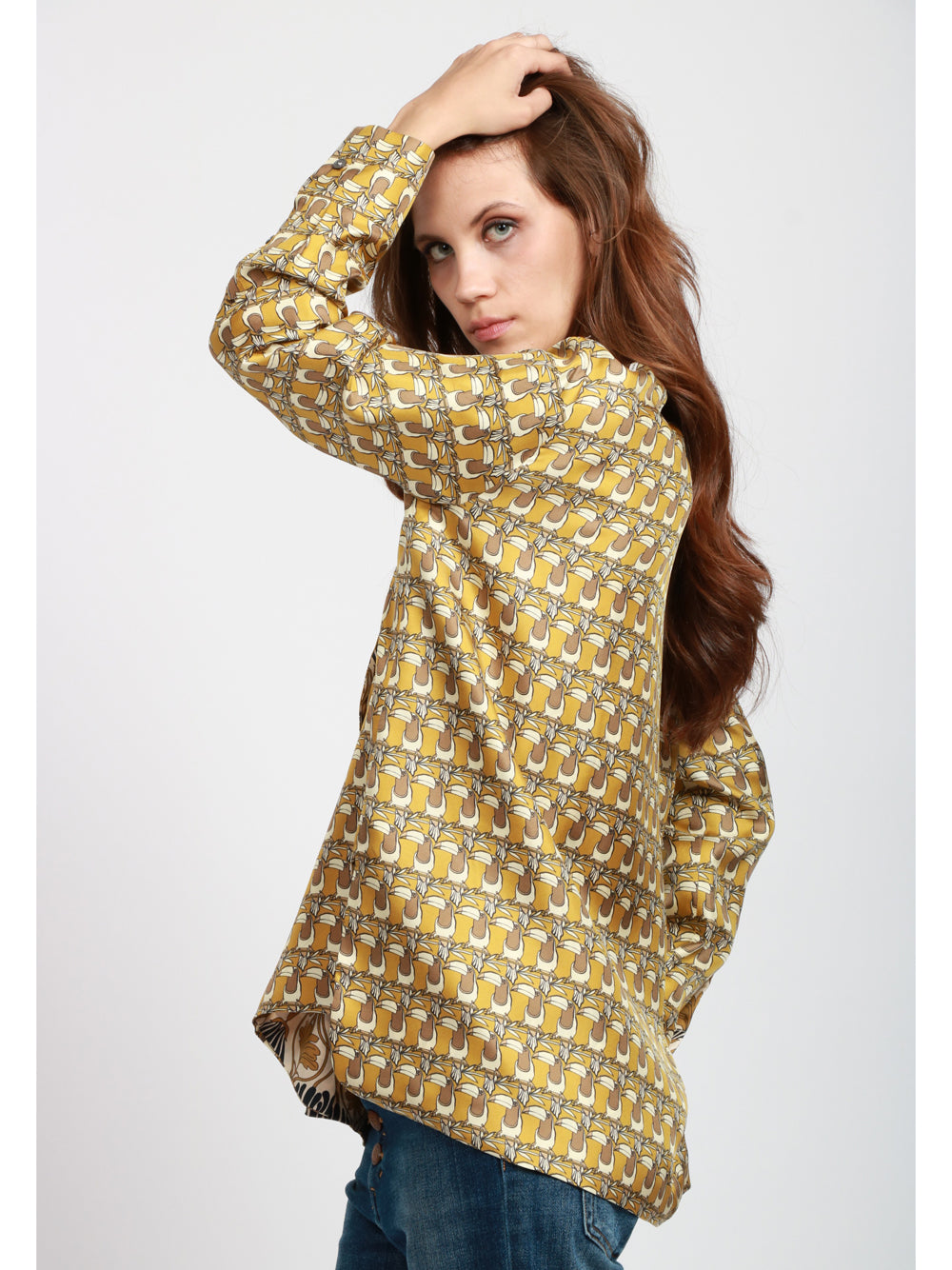 S MAXMARA Camicia Times in Seta stampa Tucani Reversibile Avorio e Senape Senape/avorio