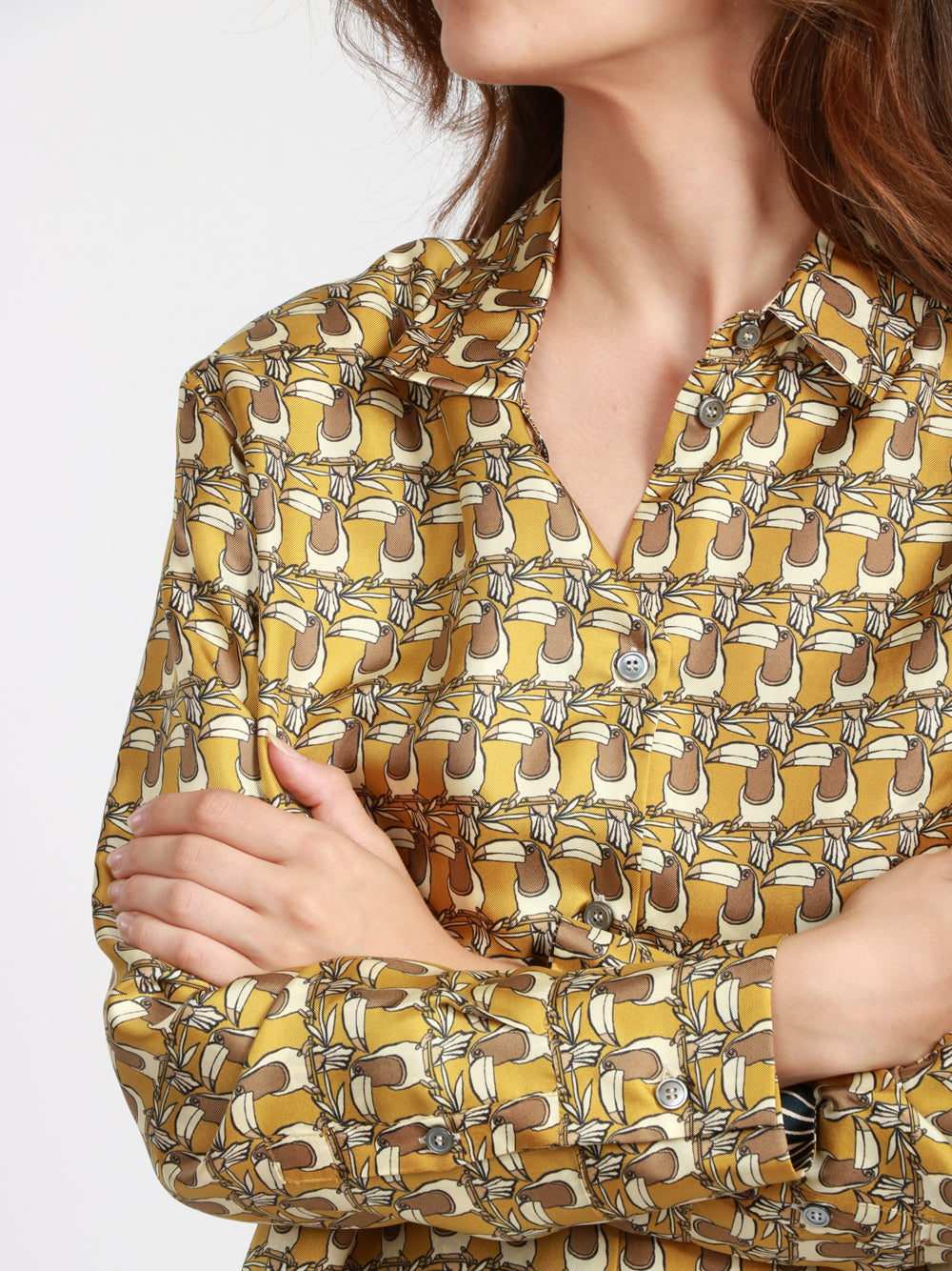 S MAXMARA Camicia Times in Seta stampa Tucani Reversibile Avorio e Senape Senape/avorio