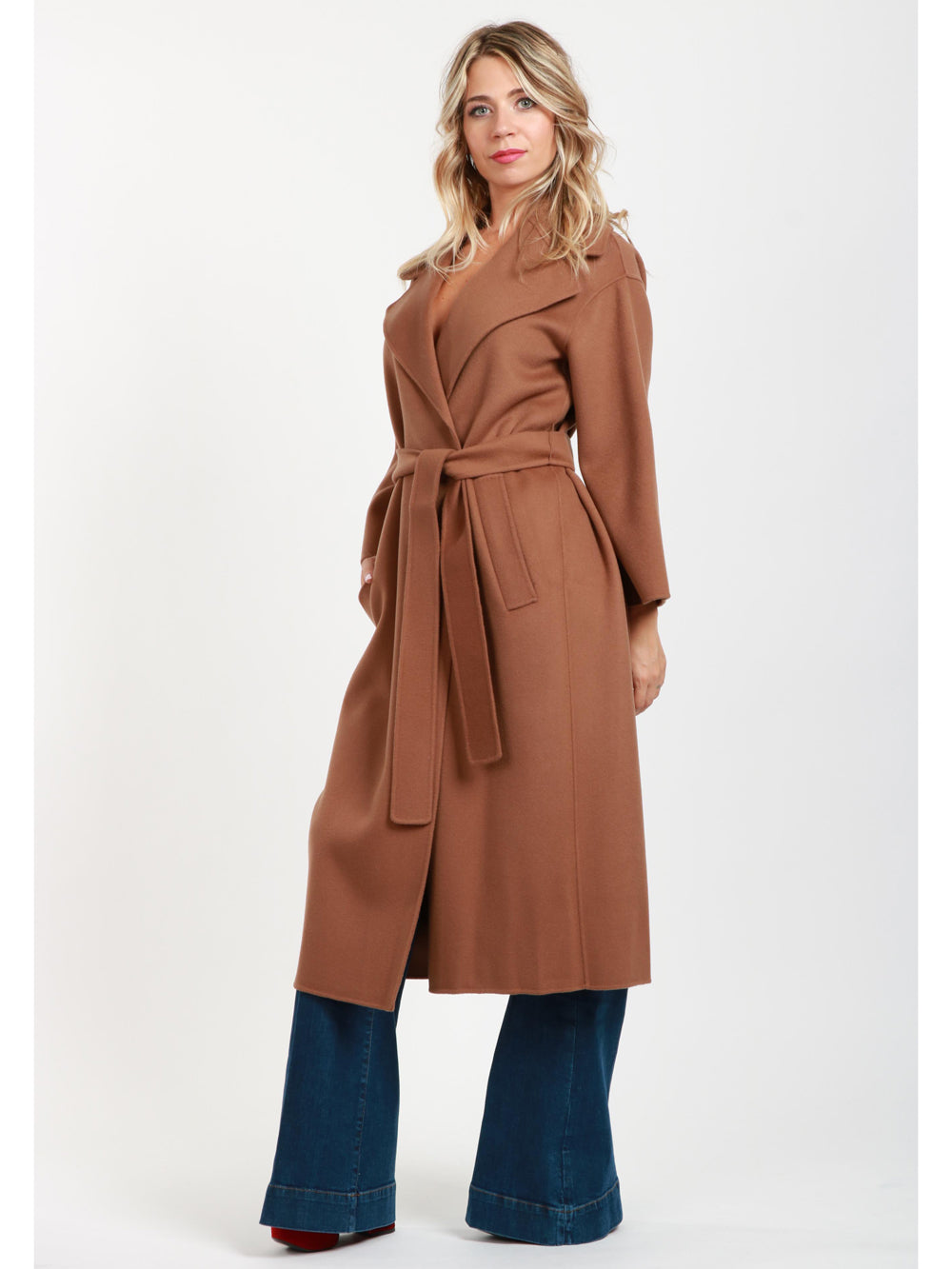 S MAXMARA Cappotto Venice a Vestaglia in Lana Vergine Tabacco Tabacco