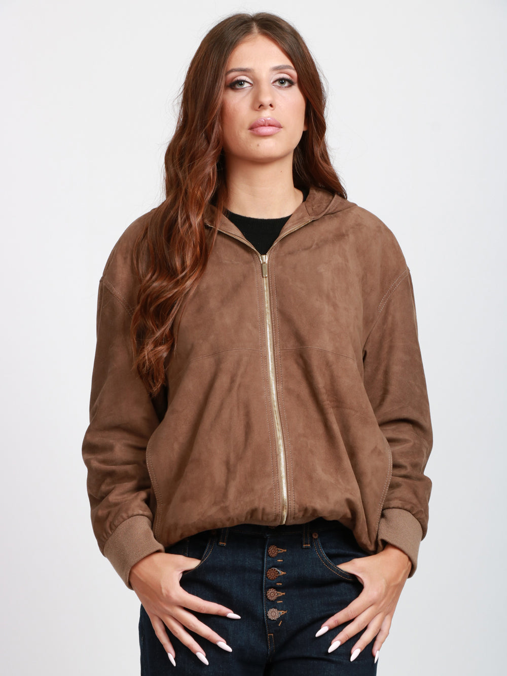S MAXMARA Giacca Zeno in Pelle Suede con chiusura Zip e Cappuccio Marrone Marrone