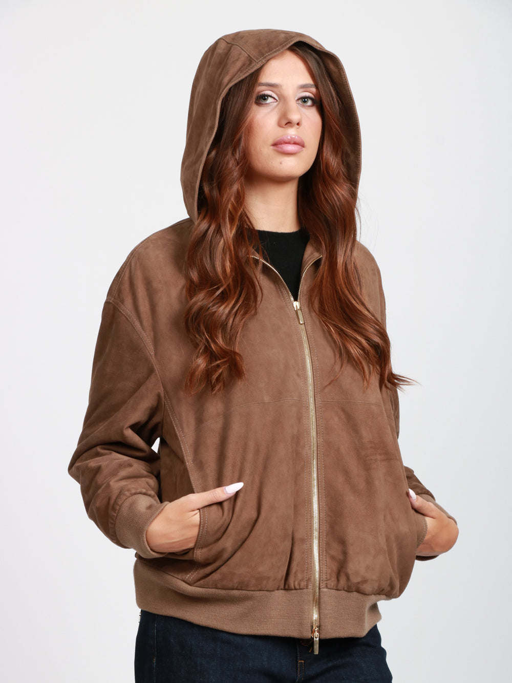 S MAXMARA Giacca Zeno in Pelle Suede con chiusura Zip e Cappuccio Marrone Marrone