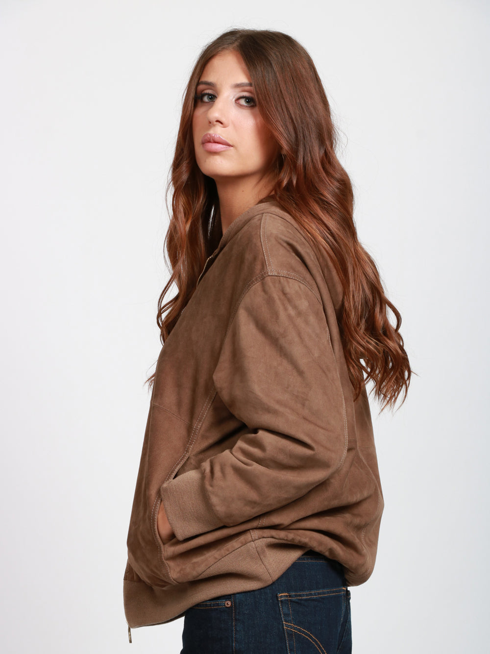 S MAXMARA Giacca Zeno in Pelle Suede con chiusura Zip e Cappuccio Marrone Marrone