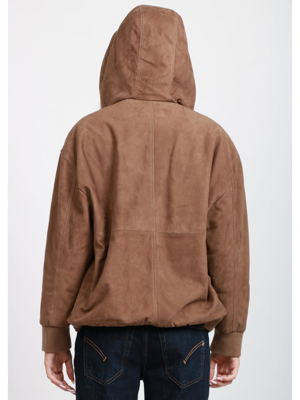 S MAXMARA Giacca Zeno in Pelle Suede con chiusura Zip e Cappuccio Marrone Marrone