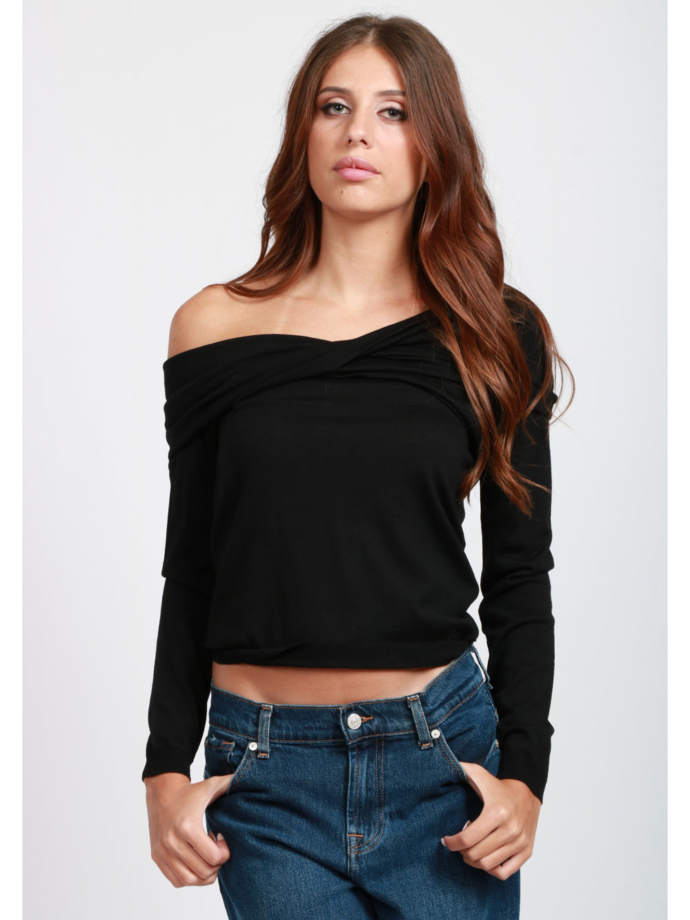 SEMICOUTURE Maglia Bianca in Lana Vergine Nera con Scollo a Barca Nero