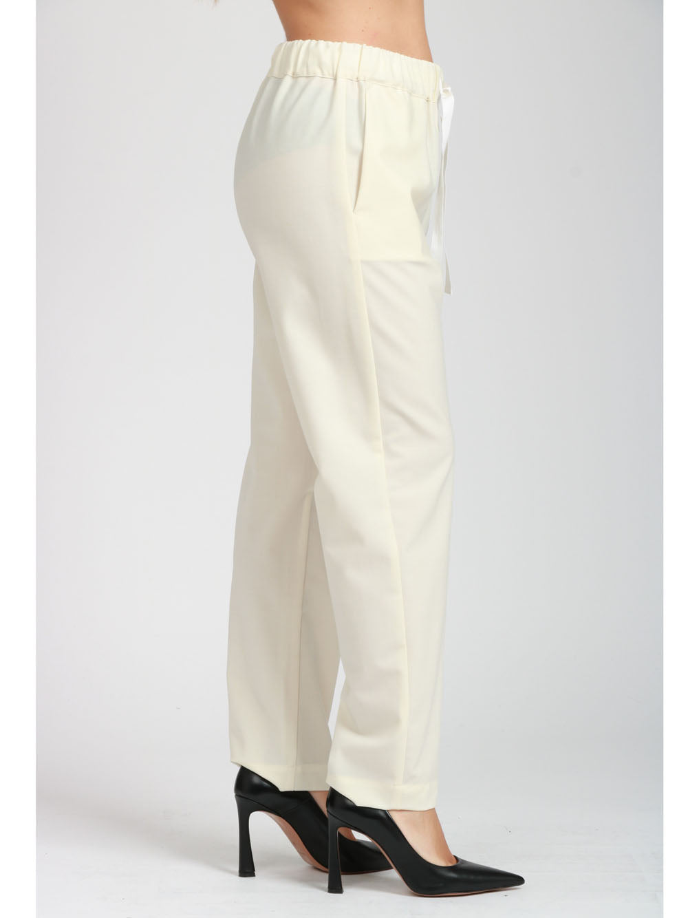 SEMICOUTURE Pantaloni Buddy in Fresco di Lana Panna con Gamba Dritta Panna