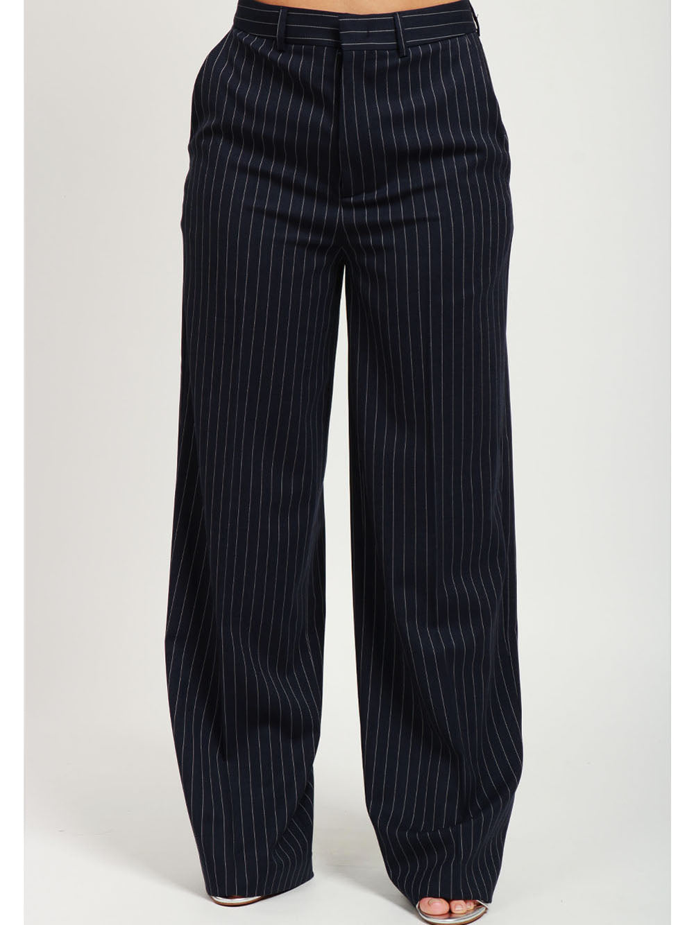 SEMICOUTURE Pantaloni Cindy Taglio Uomo in Fresco di Lana Gessati Blu e Bianchi Blu Bianco