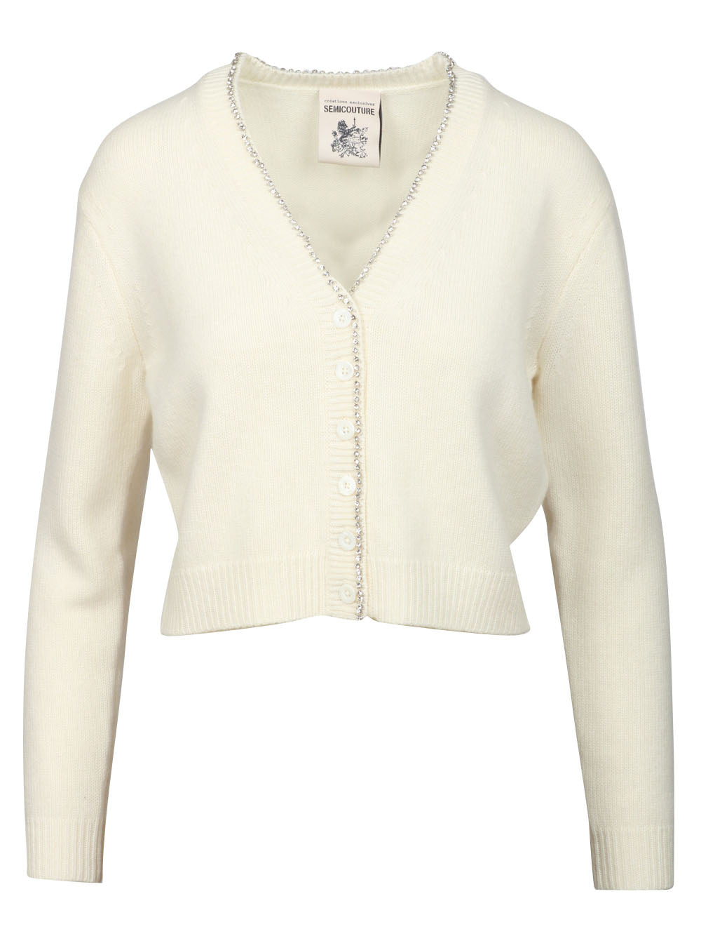 SEMICOUTURE Cardigan Clarinda in Misto Cashmere Panna con Strass Panna
