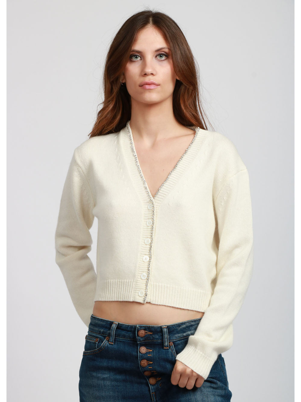 SEMICOUTURE Cardigan Clarinda in Misto Cashmere Panna con Strass Panna