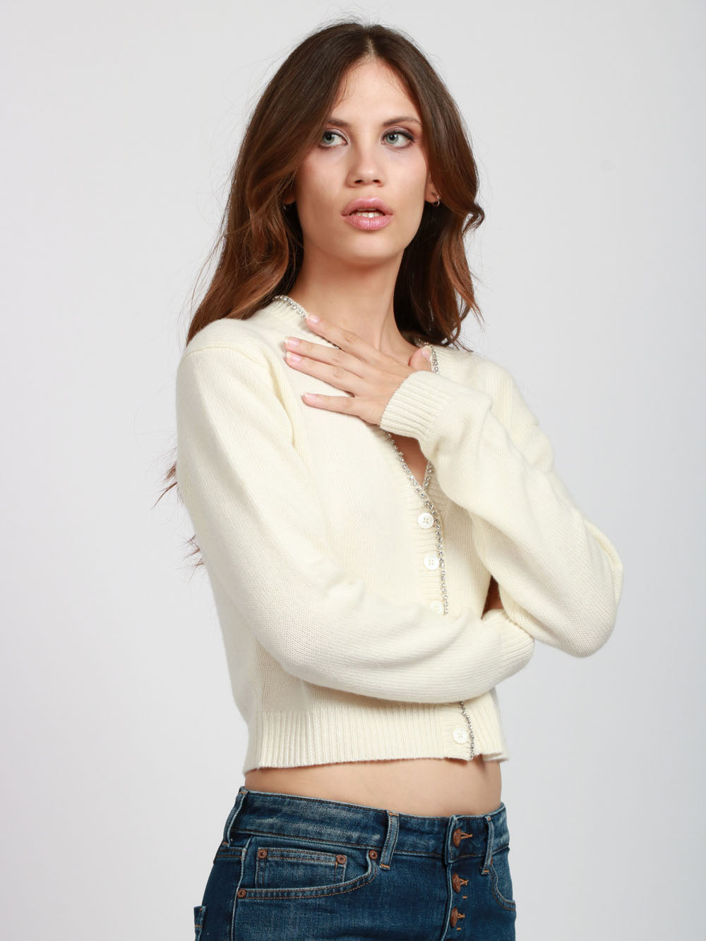 SEMICOUTURE Cardigan Clarinda in Misto Cashmere Panna con Strass Panna