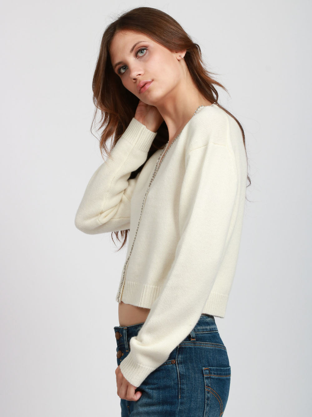 SEMICOUTURE Cardigan Clarinda in Misto Cashmere Panna con Strass Panna