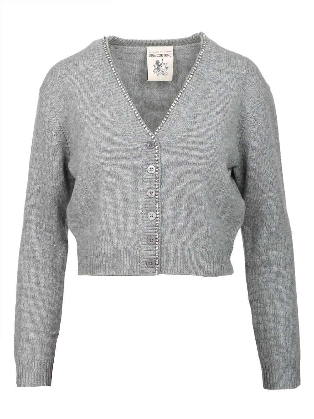 SEMICOUTURE Cardigan Clarinda in Misto Cashmere Grigio con Strass Grigio