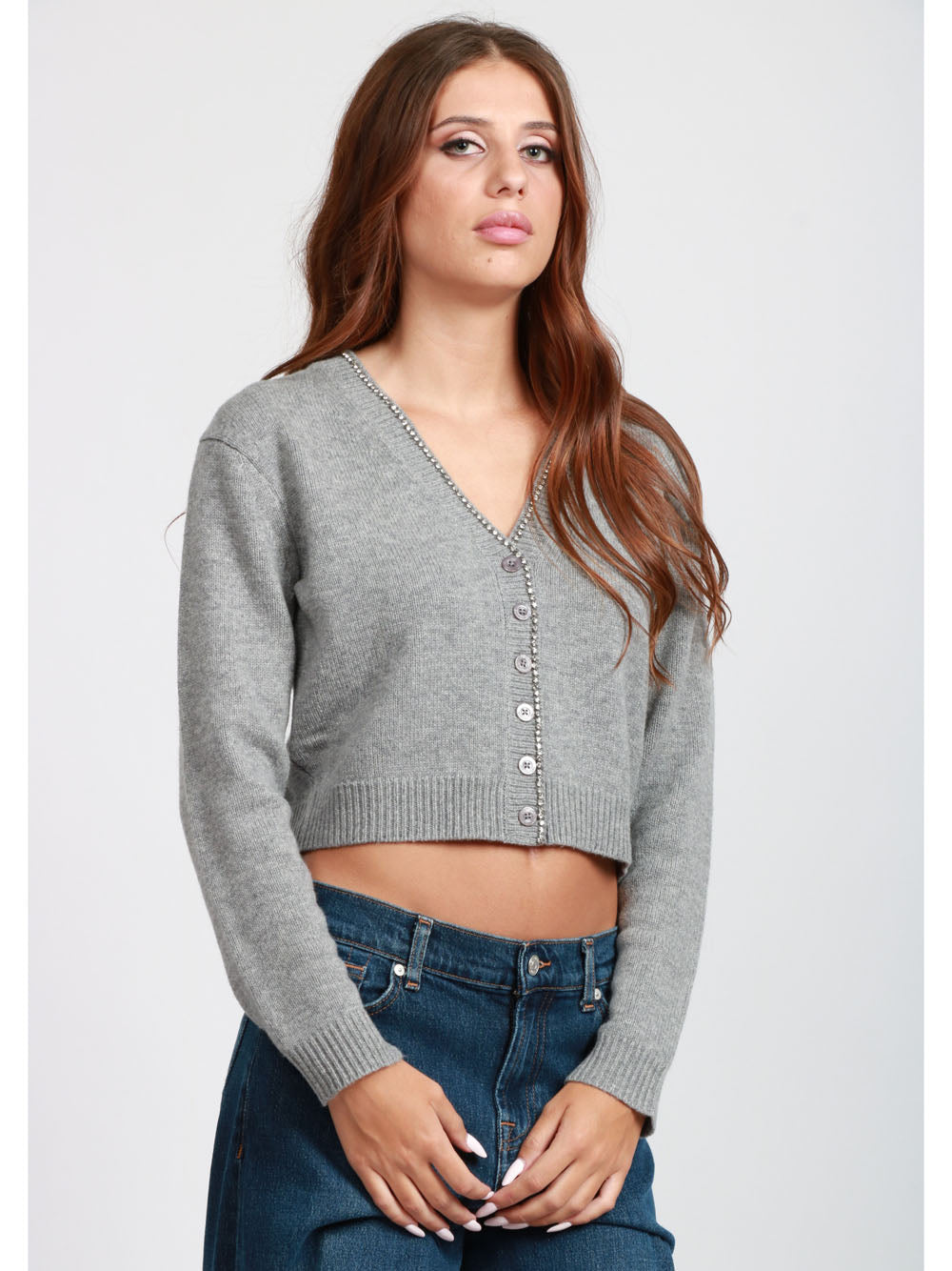 SEMICOUTURE Cardigan Clarinda in Misto Cashmere Grigio con Strass Grigio
