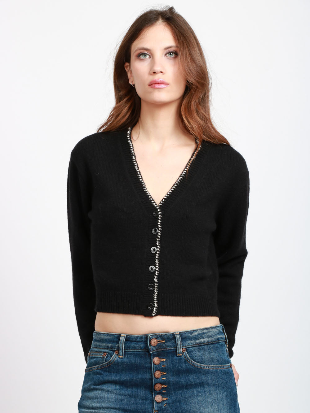 SEMICOUTURE Cardigan Clarinda in Misto Cashmere Nero con Strass Nero