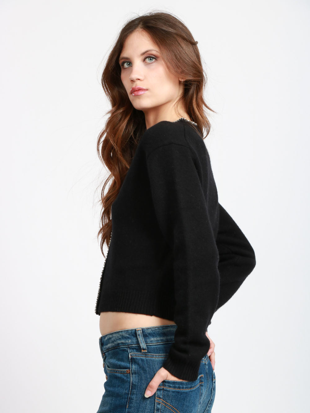 SEMICOUTURE Cardigan Clarinda in Misto Cashmere Nero con Strass Nero