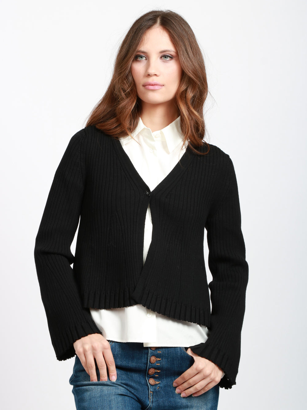 SEMICOUTURE Cardigan Jade a Costine Nero con Scollo a V Nero