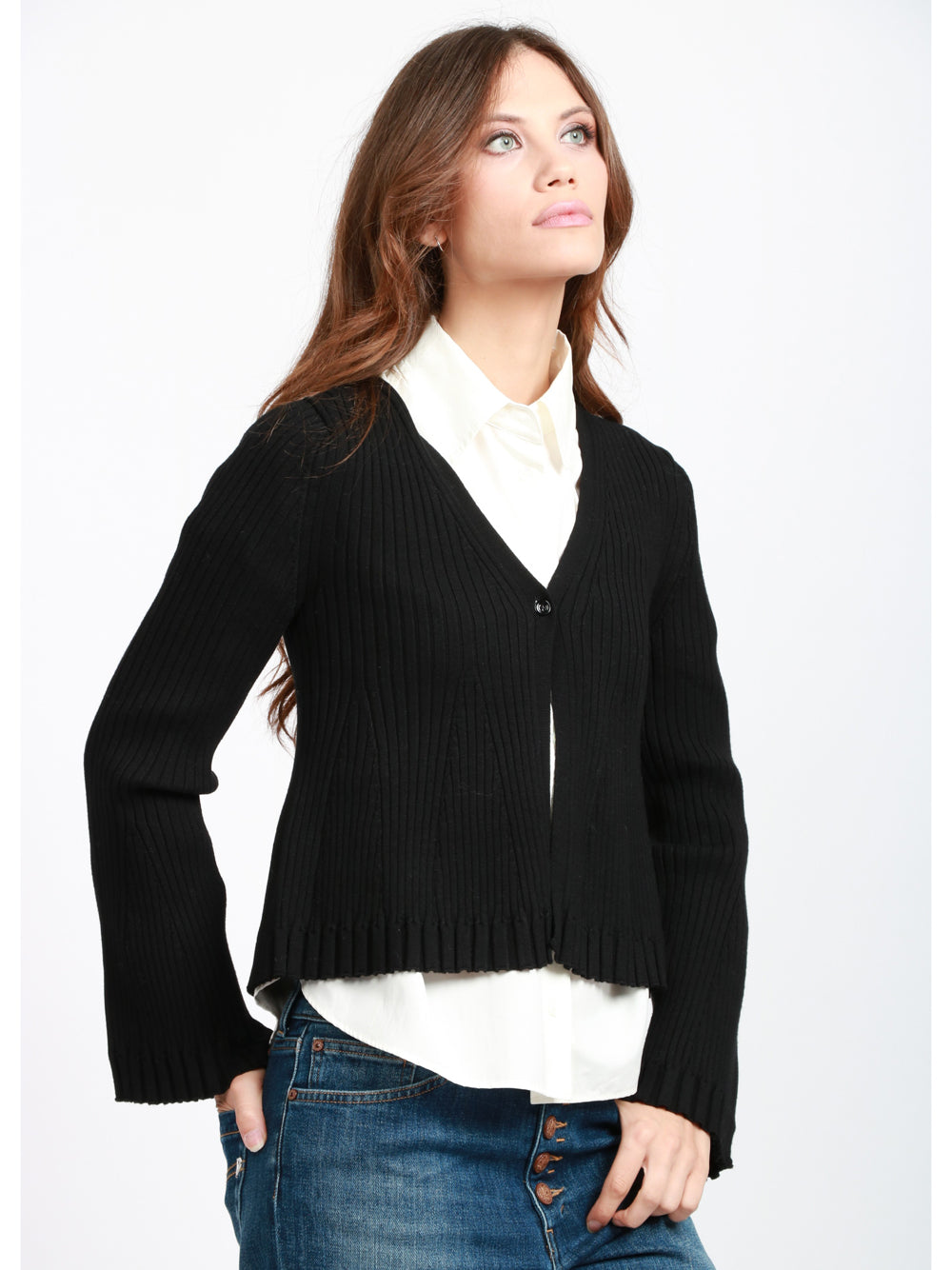 SEMICOUTURE Cardigan Jade a Costine Nero con Scollo a V Nero