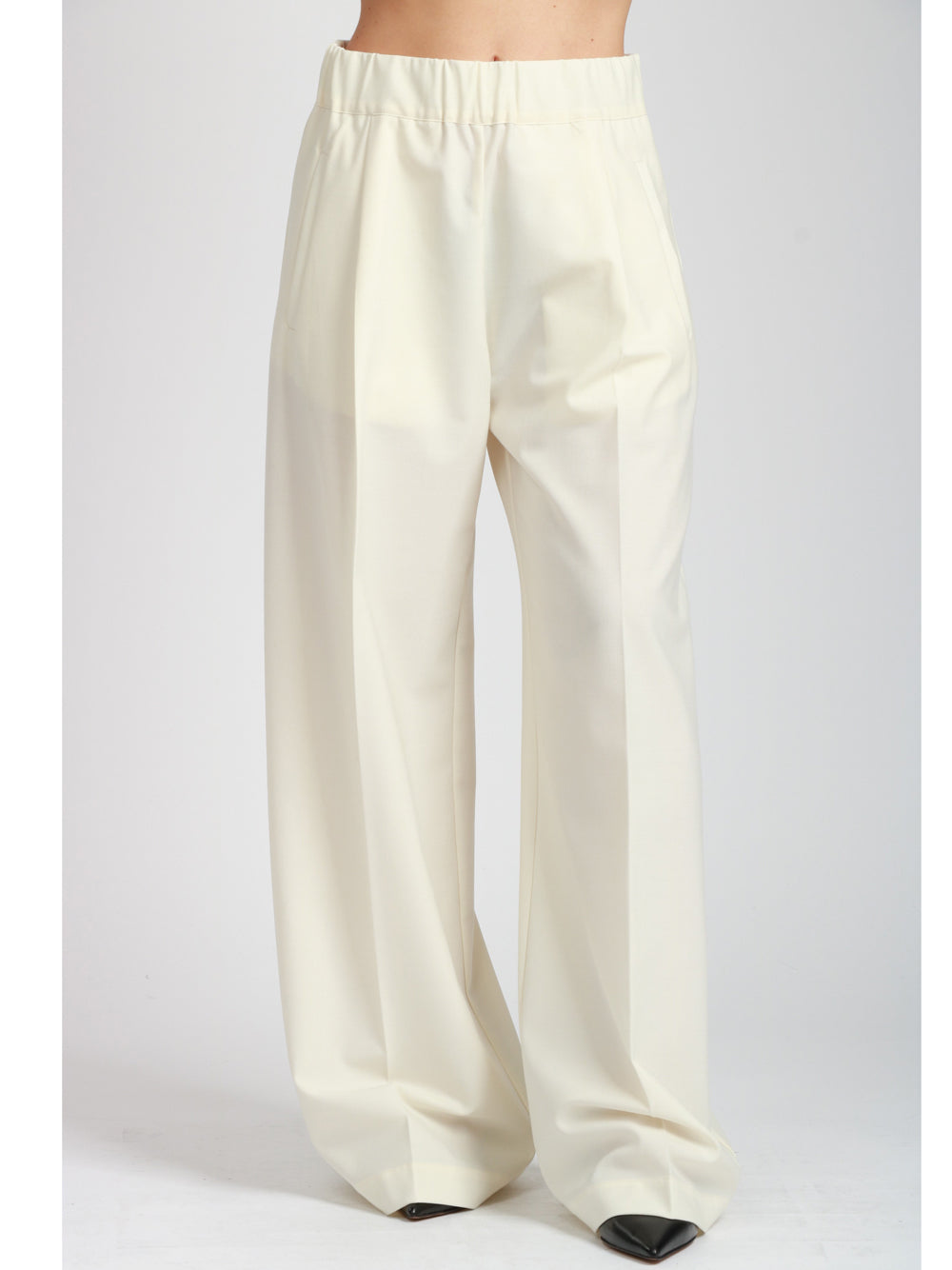 SEMICOUTURE Pantaloni Jhonny Palazzo in Fresco di Lana Panna con Pinces Panna