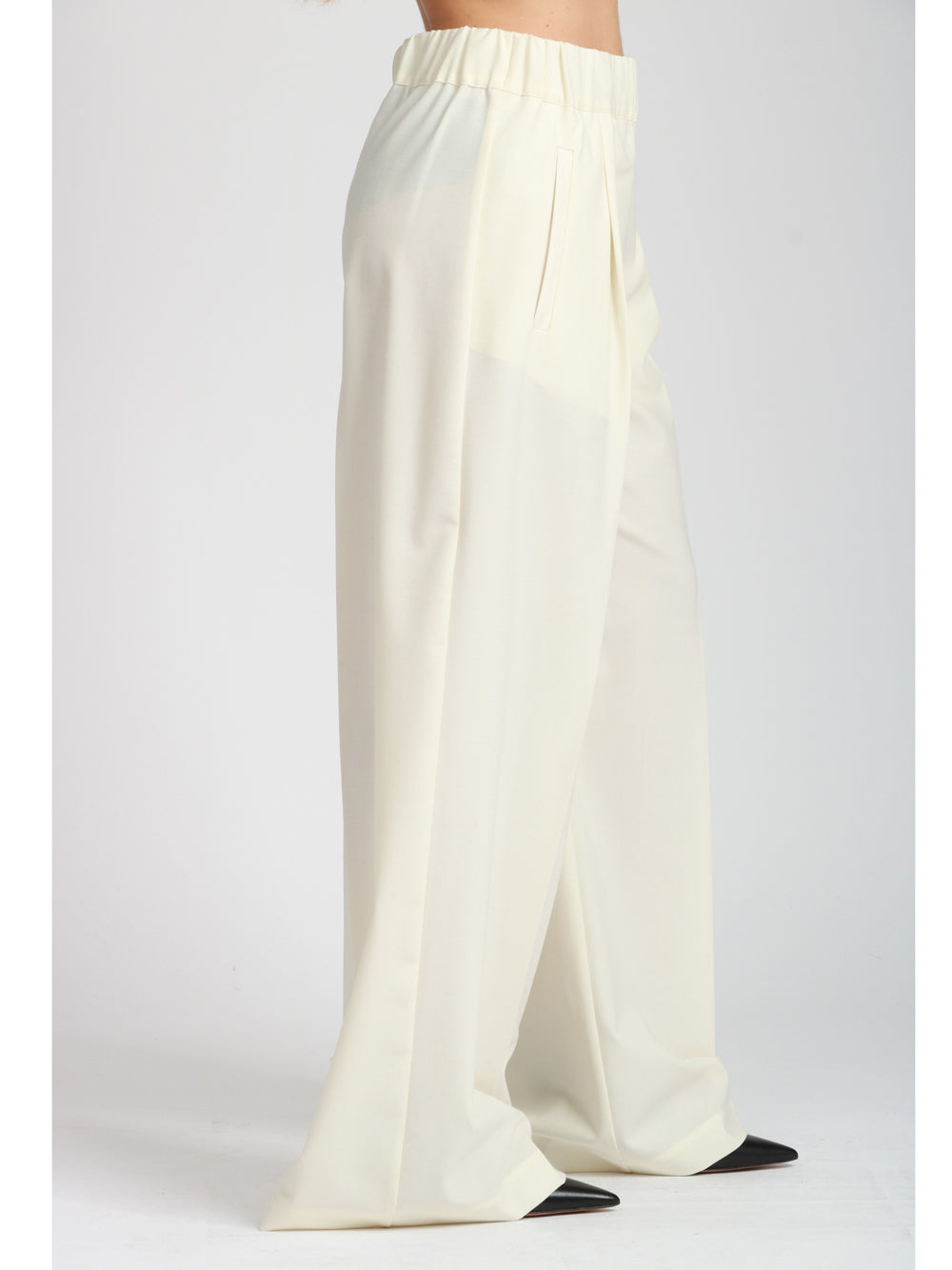 SEMICOUTURE Pantaloni Jhonny Palazzo in Fresco di Lana Panna con Pinces Panna