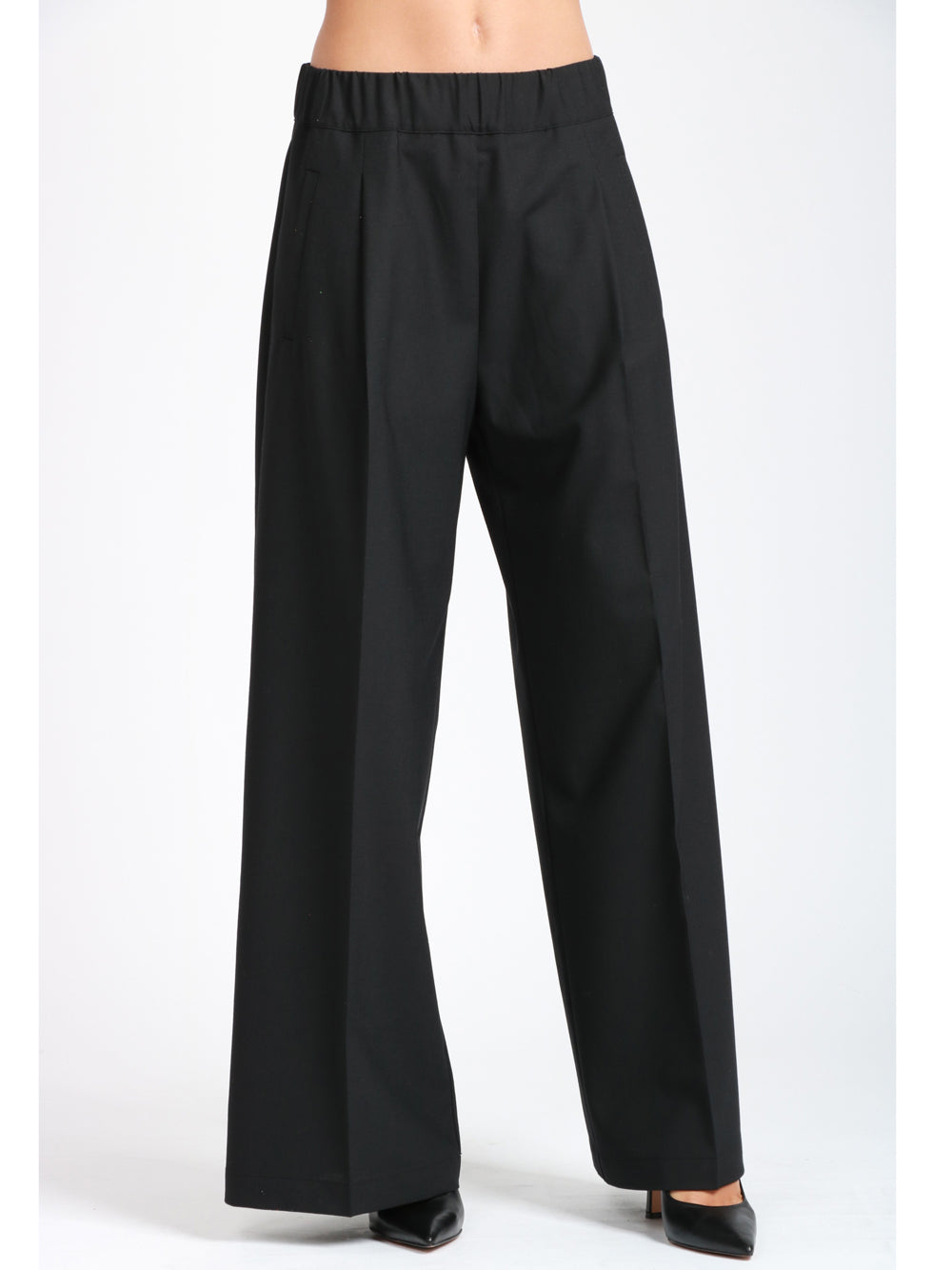 SEMICOUTURE Pantaloni Jhonny Palazzo in Fresco di Lana Neri con Pinces Nero