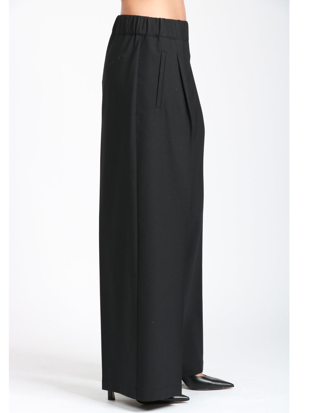 SEMICOUTURE Pantaloni Jhonny Palazzo in Fresco di Lana Neri con Pinces Nero