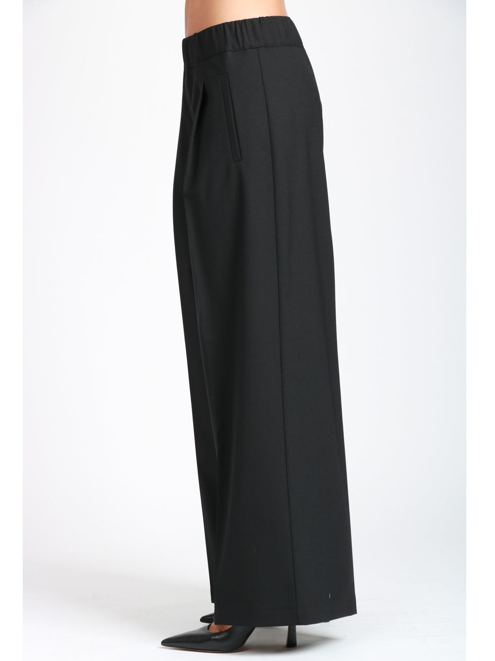 SEMICOUTURE Pantaloni Jhonny Palazzo in Fresco di Lana Neri con Pinces Nero
