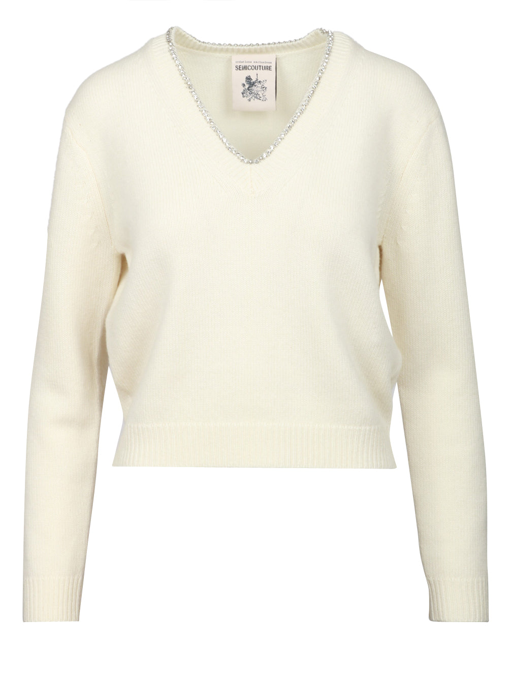 SEMICOUTURE Maglia Nahia in Misto Cashmere Panna con Strass Panna