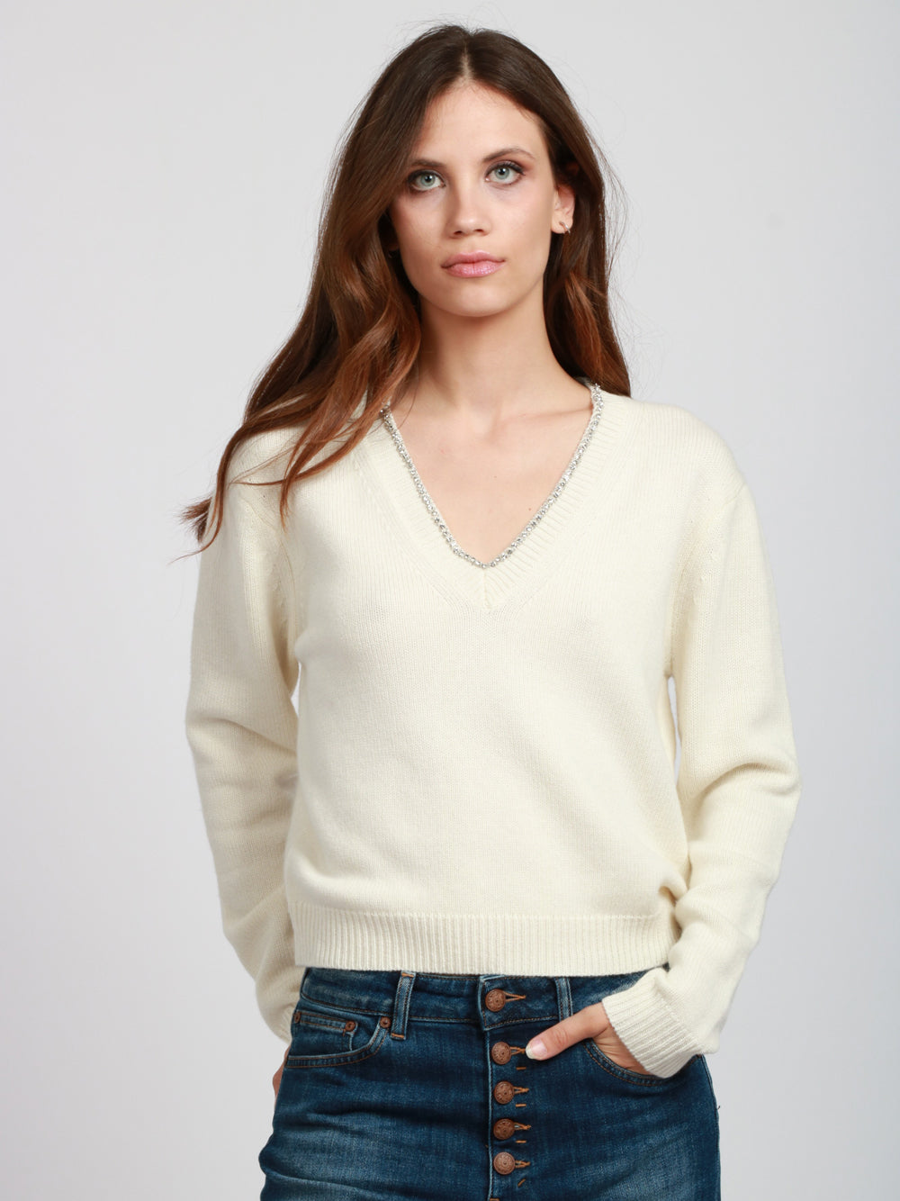 SEMICOUTURE Maglia Nahia in Misto Cashmere Panna con Strass Panna