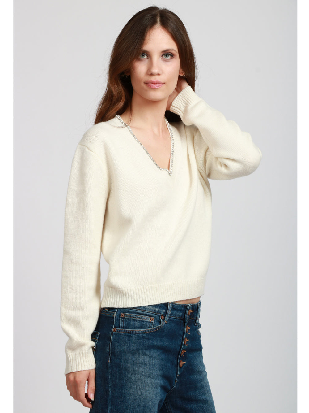 SEMICOUTURE Maglia Nahia in Misto Cashmere Panna con Strass Panna
