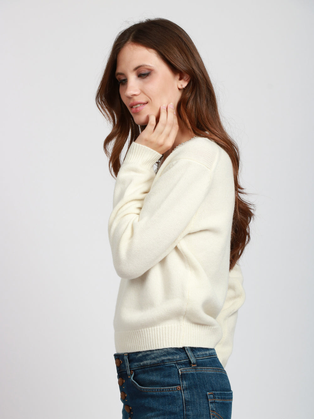 SEMICOUTURE Maglia Nahia in Misto Cashmere Panna con Strass Panna