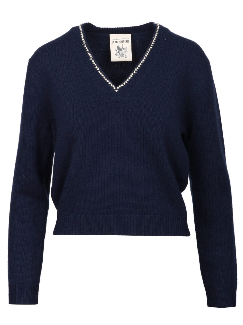 SEMICOUTURE Maglia Nahia in Misto Cashmere Blu con Strass Blu notte