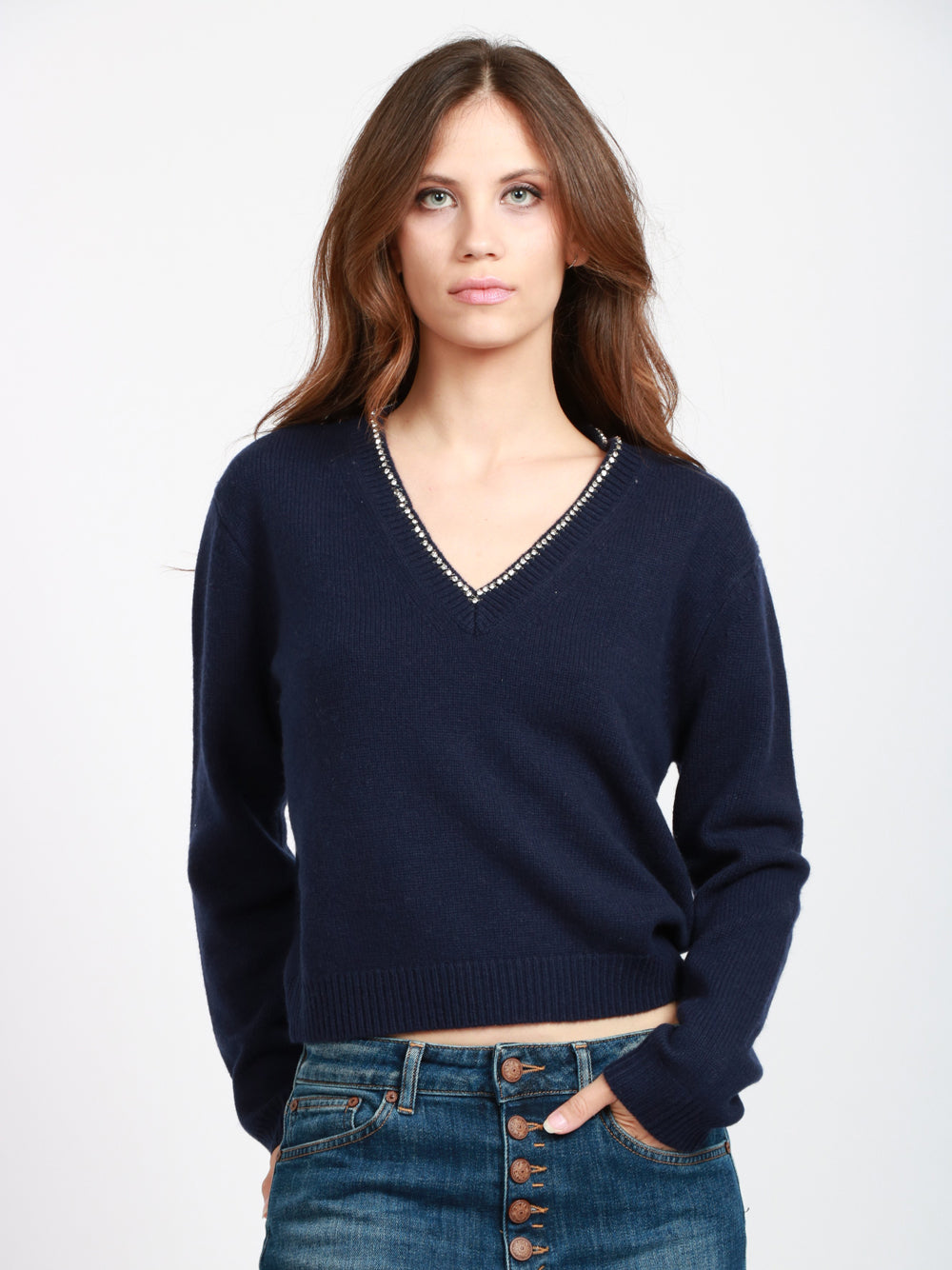 SEMICOUTURE Maglia Nahia in Misto Cashmere Blu con Strass Blu notte