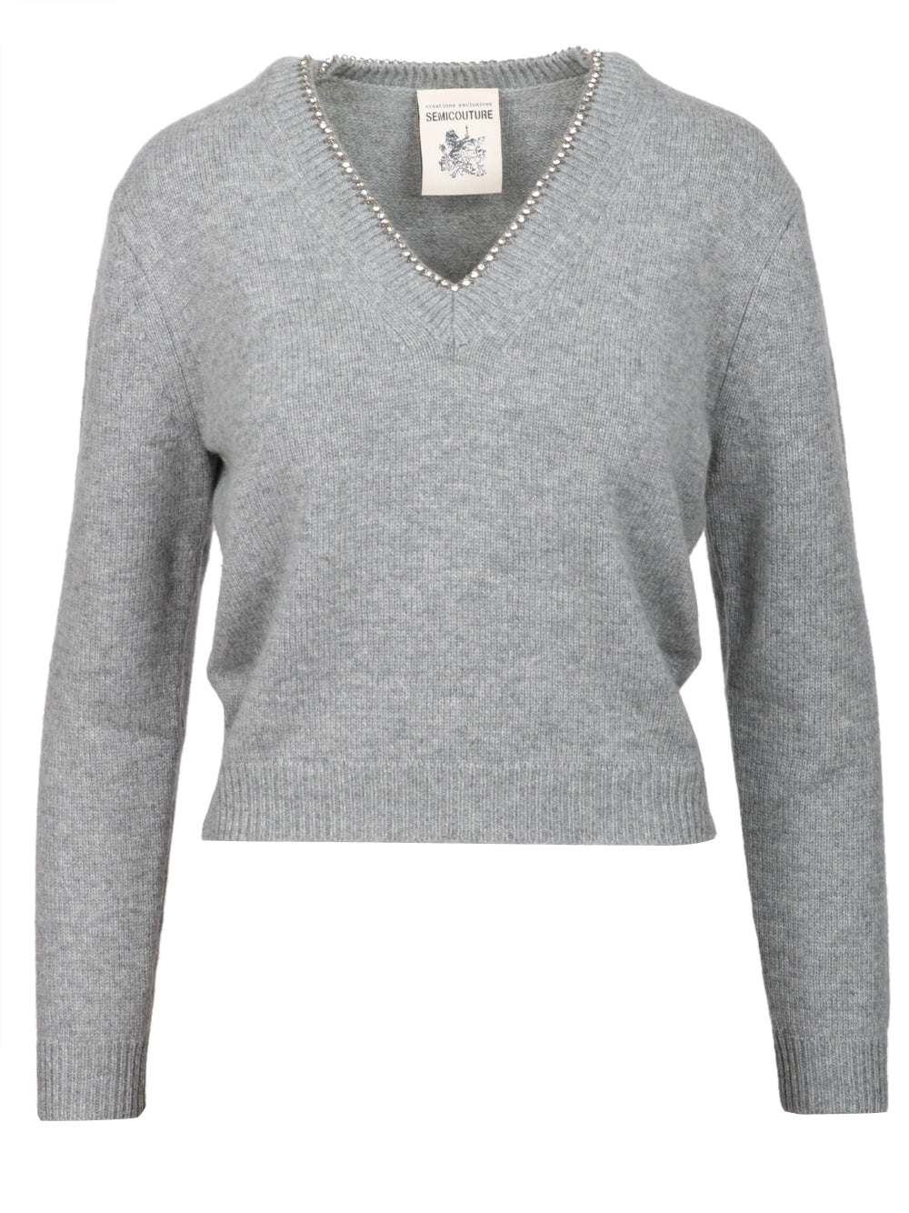 SEMICOUTURE Maglia Nahia in Misto Cashmere Grigia con Strass Grigio