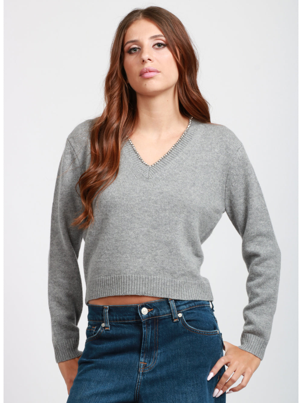 SEMICOUTURE Maglia Nahia in Misto Cashmere Grigia con Strass Grigio