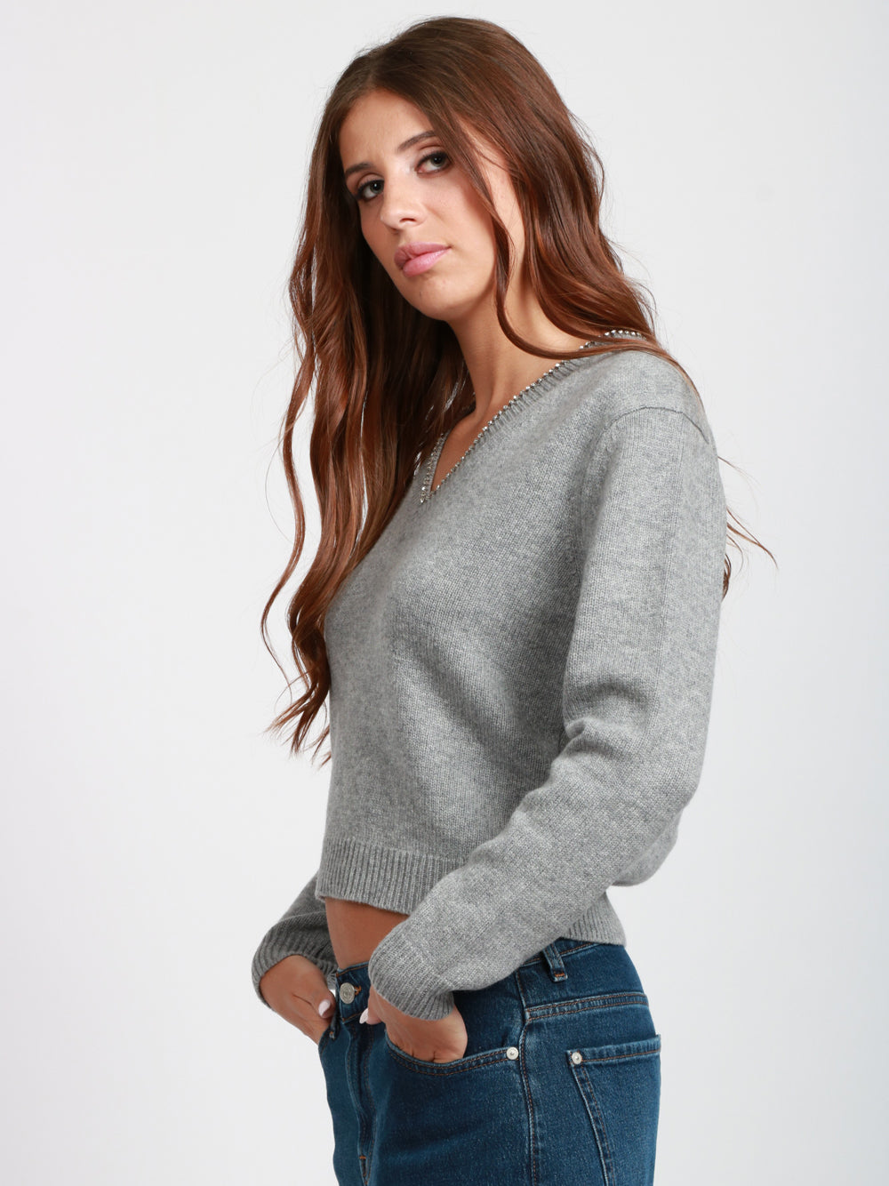 SEMICOUTURE Maglia Nahia in Misto Cashmere Grigia con Strass Grigio