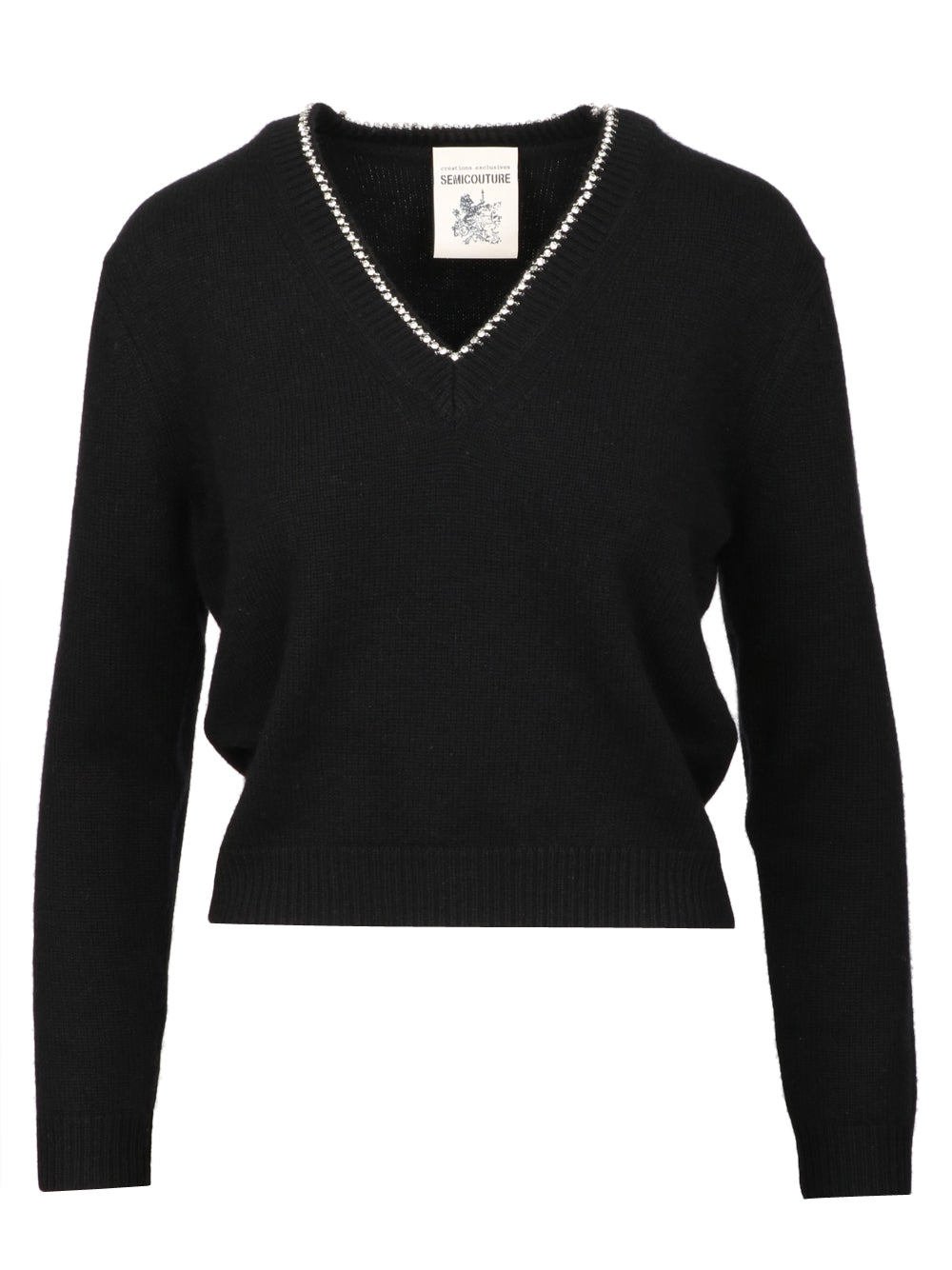 SEMICOUTURE Maglia Nahia in Misto Cashmere Nera con Strass Nero