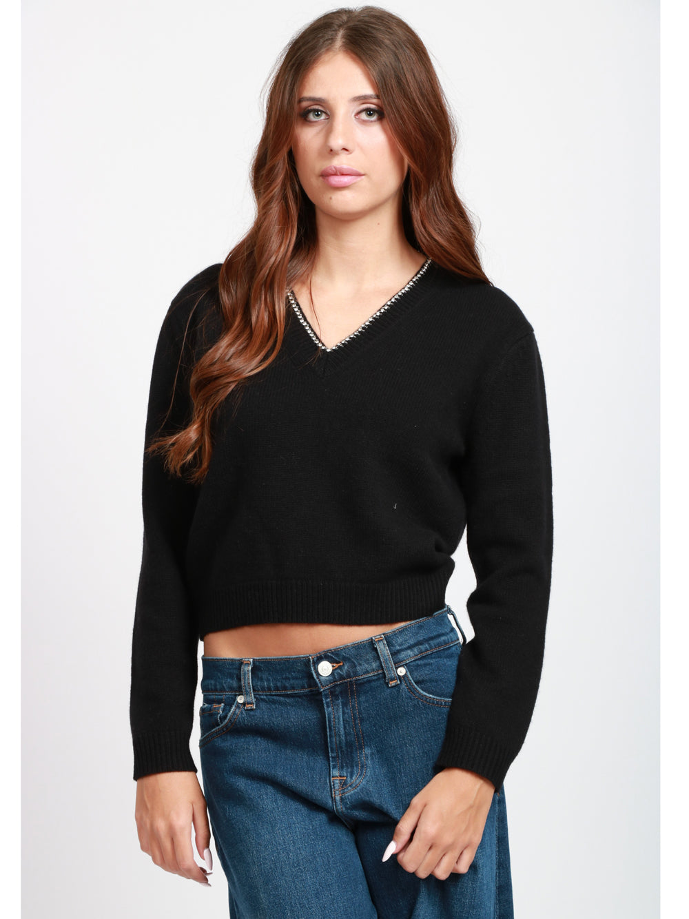 SEMICOUTURE Maglia Nahia in Misto Cashmere Nera con Strass Nero