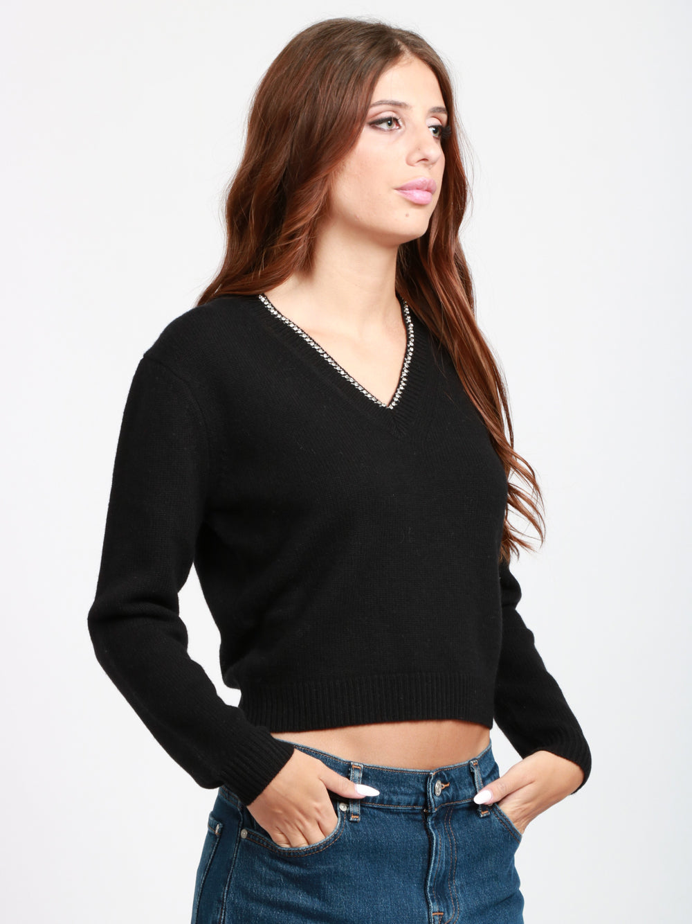 SEMICOUTURE Maglia Nahia in Misto Cashmere Nera con Strass Nero