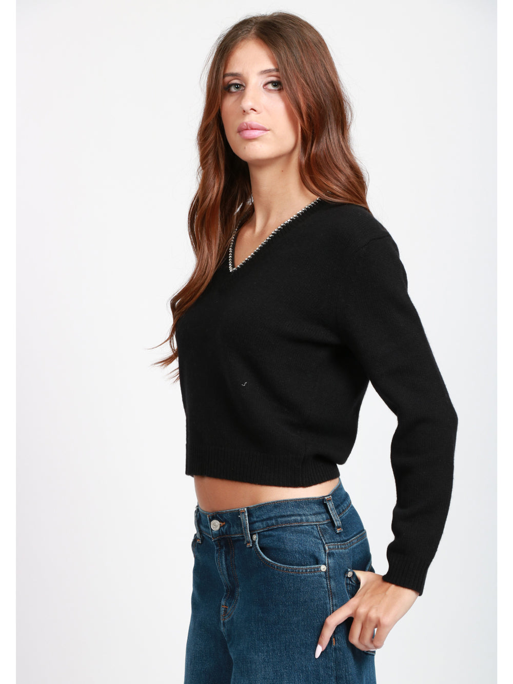 SEMICOUTURE Maglia Nahia in Misto Cashmere Nera con Strass Nero