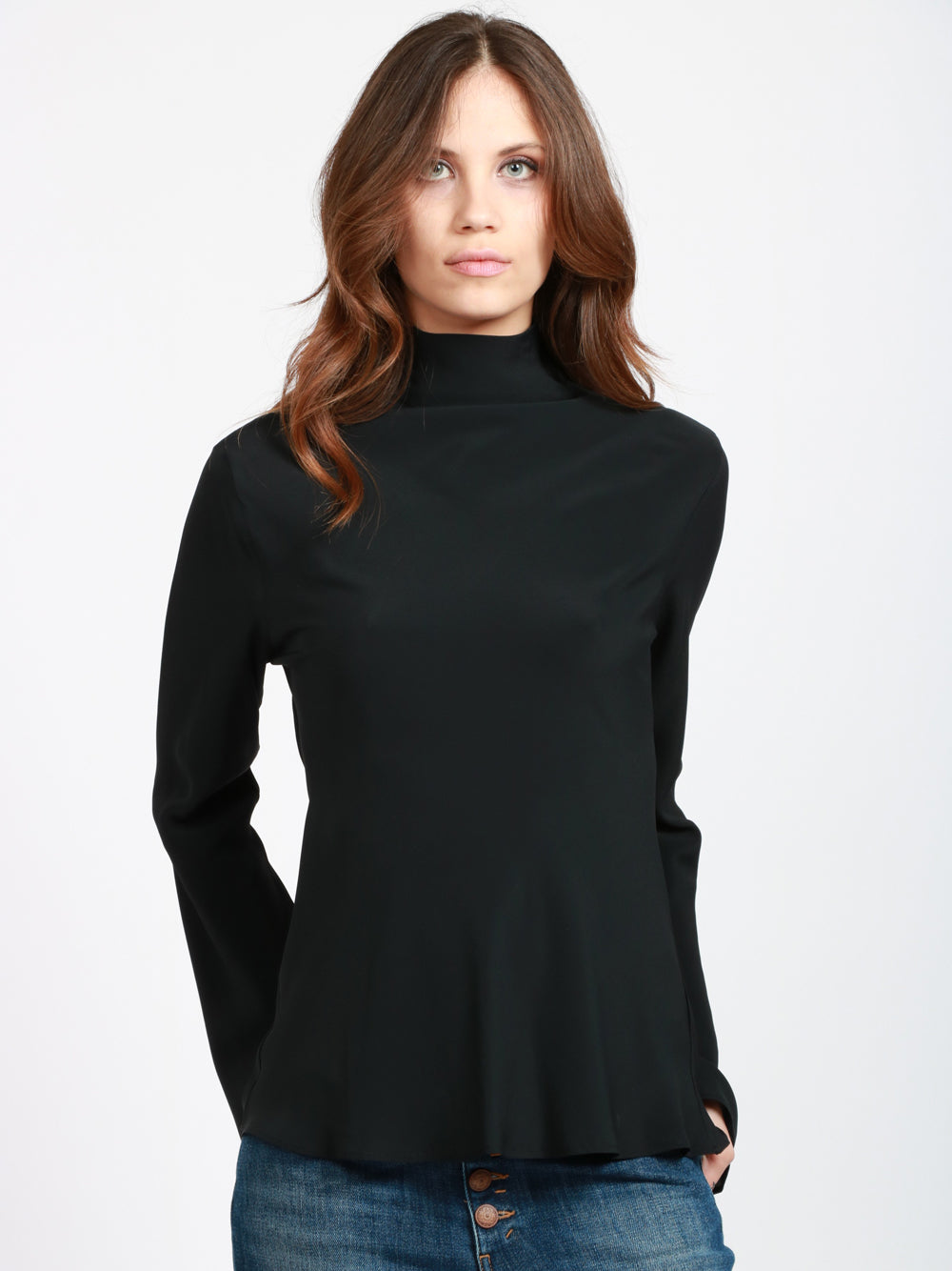 SEMICOUTURE Blusa Nita in Crepe Nera con Collo Alto Nero