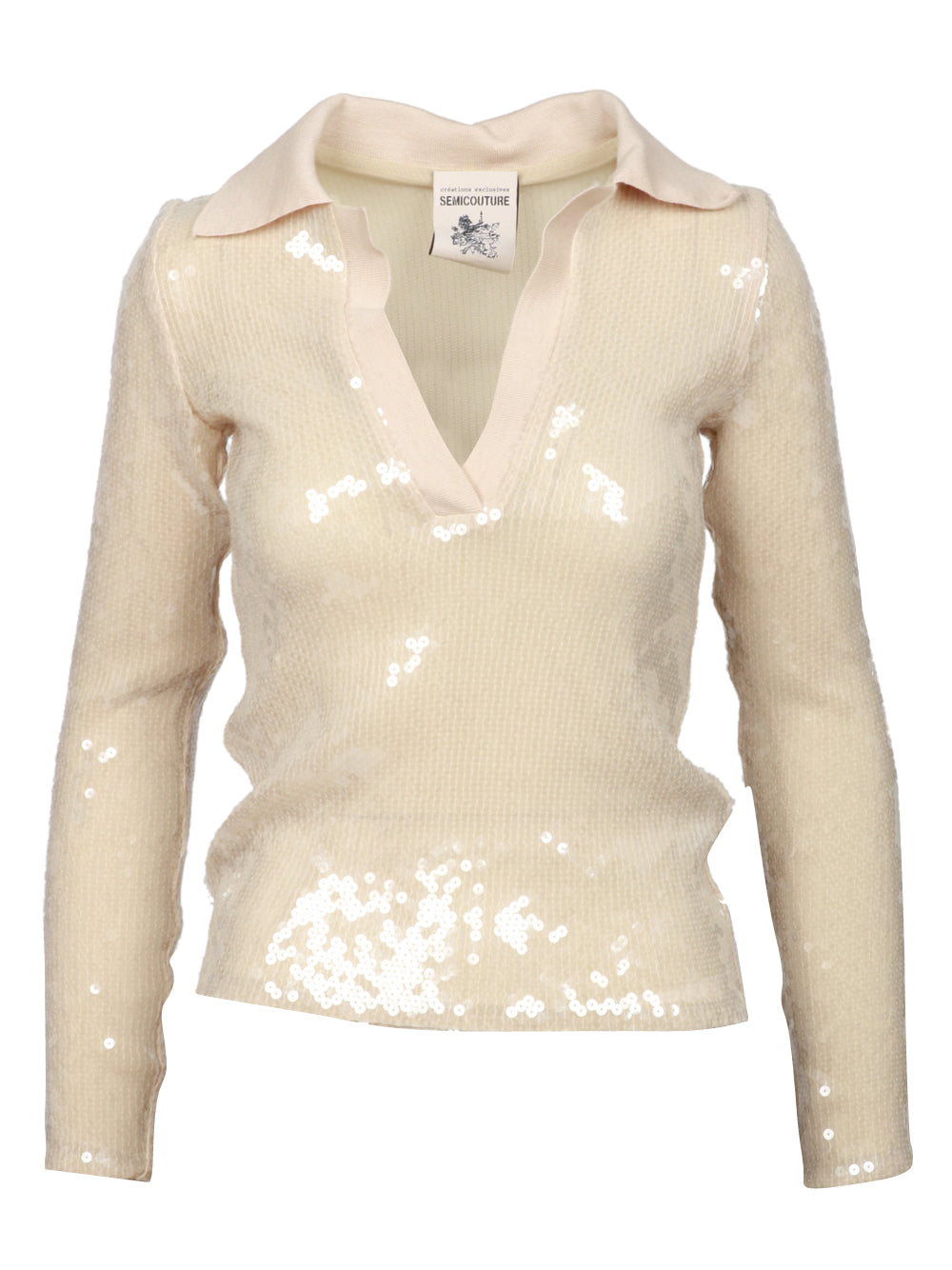 SEMICOUTURE Maglia Polo Shanti in Paillettes Crema Perla