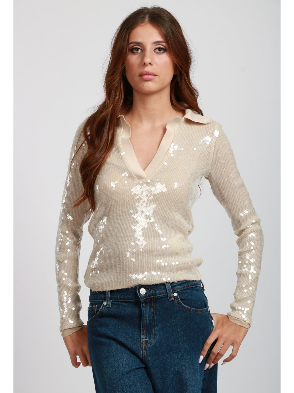 SEMICOUTURE Maglia Polo Shanti in Paillettes Crema Perla