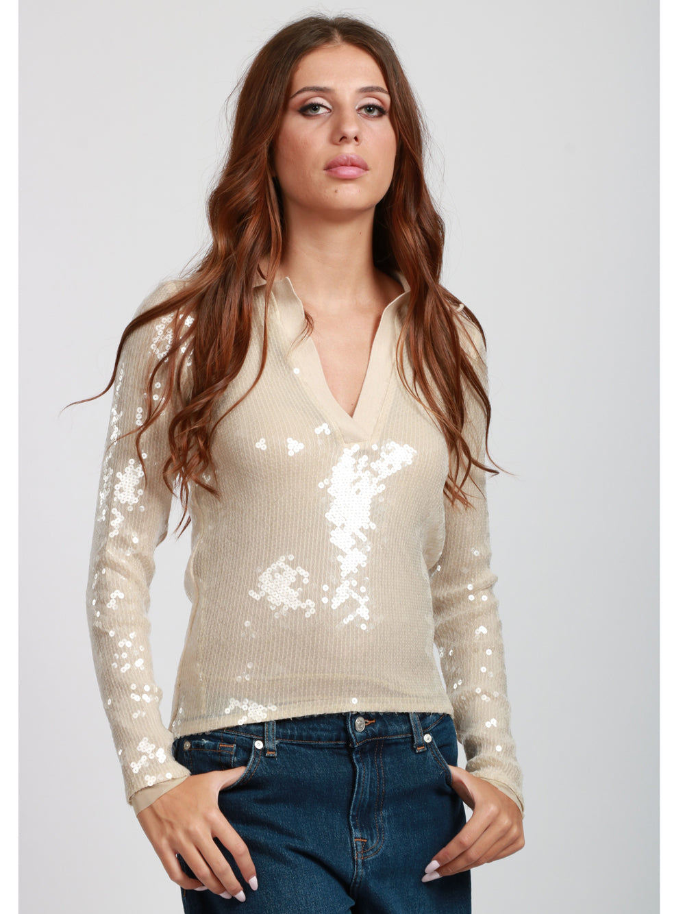 SEMICOUTURE Maglia Polo Shanti in Paillettes Crema Perla