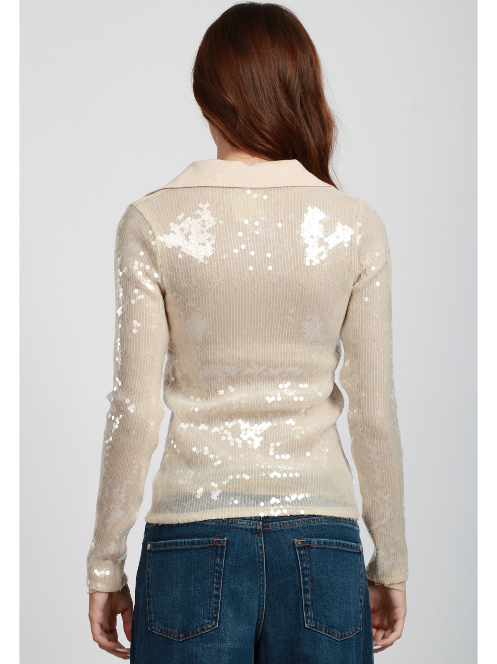 SEMICOUTURE Maglia Polo Shanti in Paillettes Crema Perla