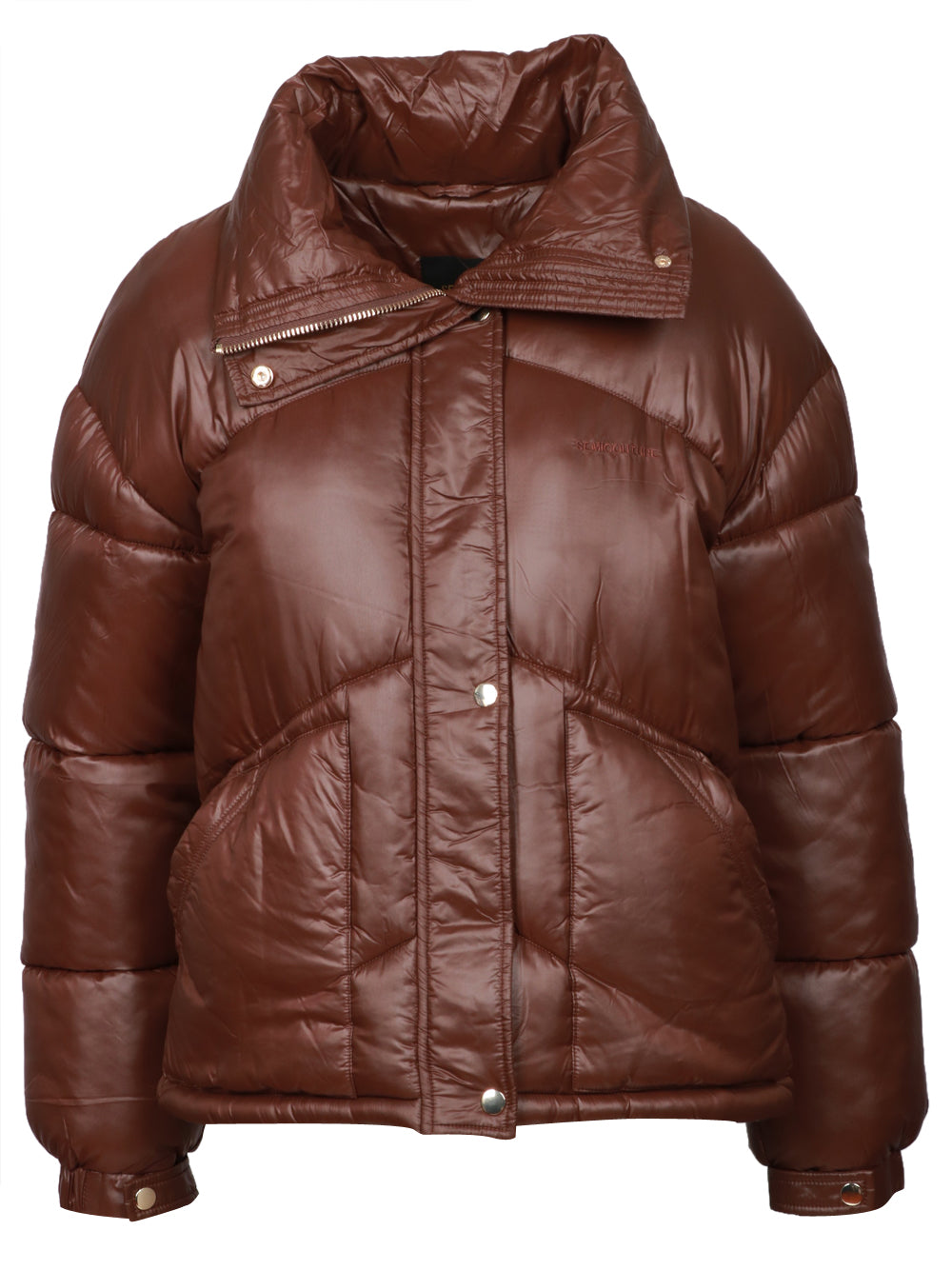 SEMICOUTURE Piumino Susana Marrone con Collo Alto Marrone