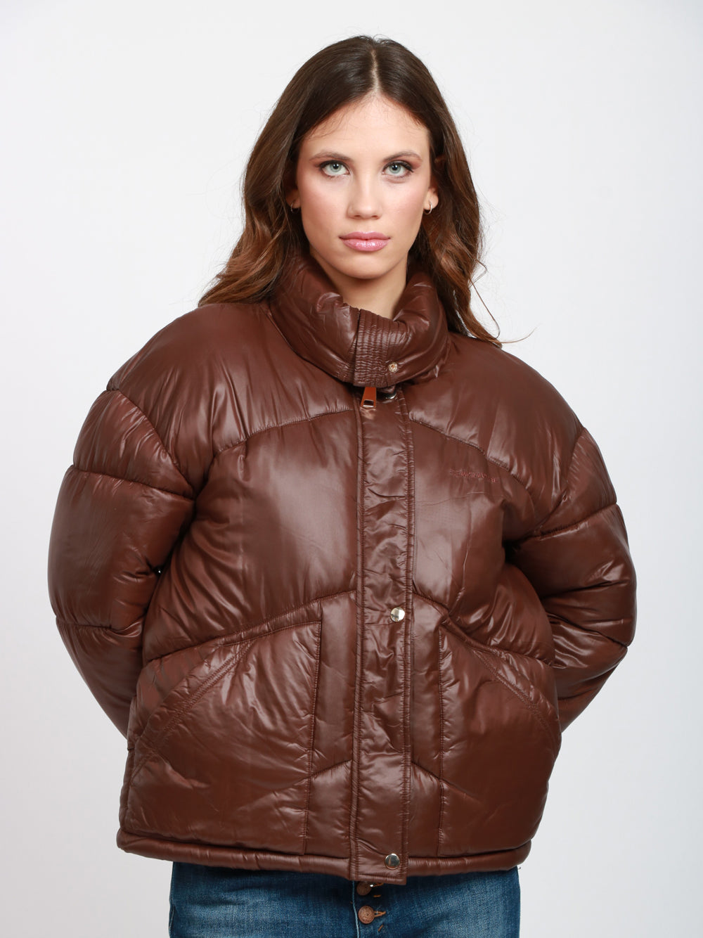 SEMICOUTURE Piumino Susana Marrone con Collo Alto Marrone