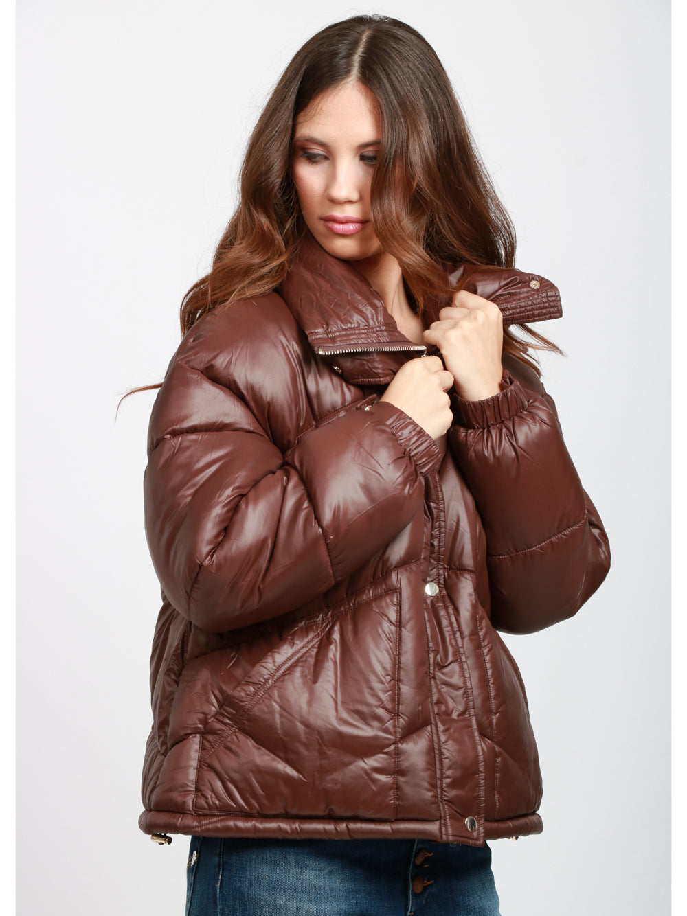 SEMICOUTURE Piumino Susana Marrone con Collo Alto Marrone