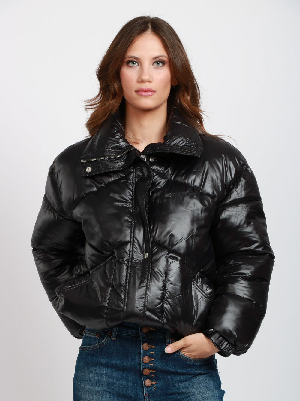 SEMICOUTURE Piumino Susana Nero con Collo Alto Nero